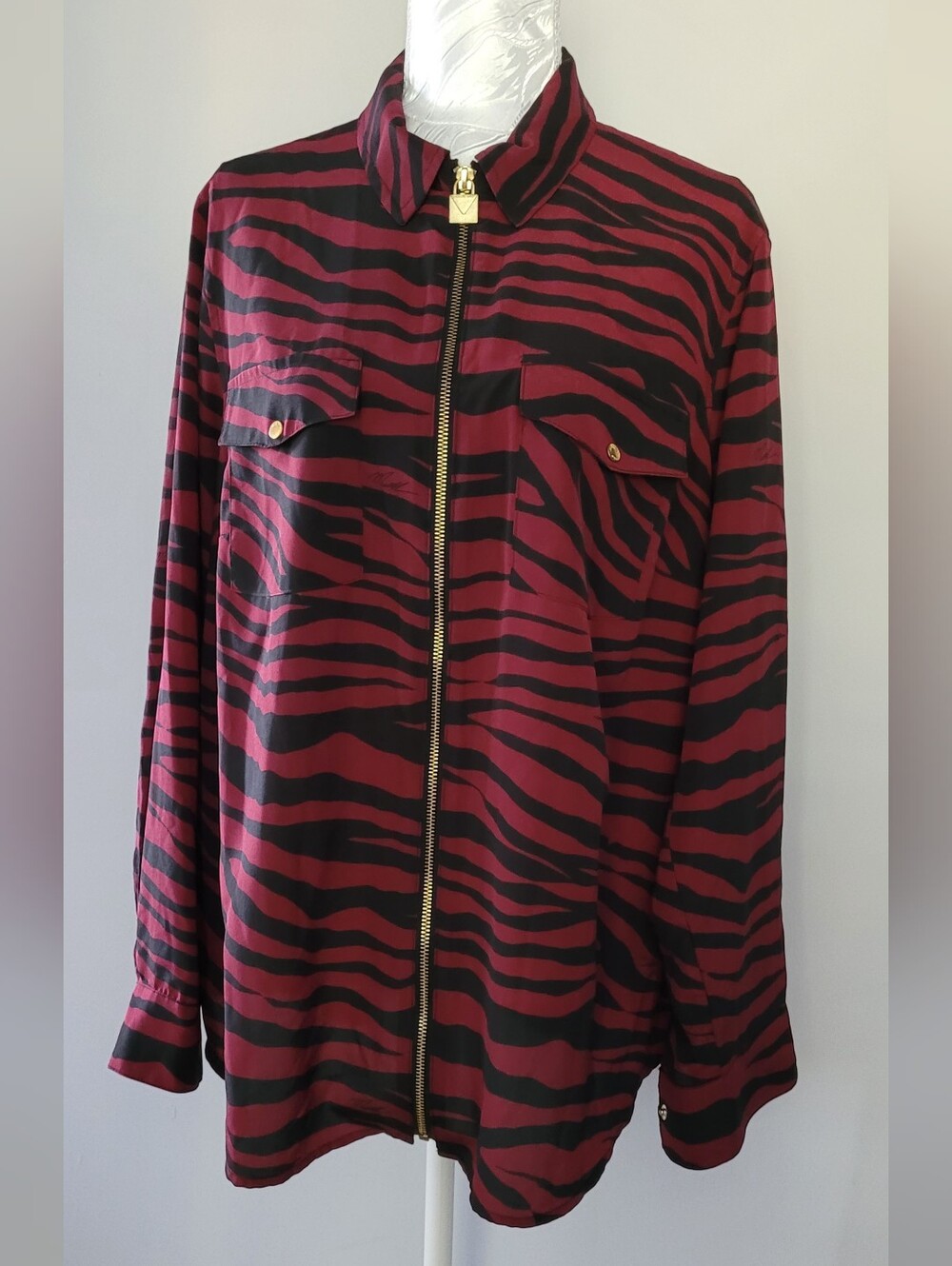 Michael Kors Burgundy and Black Zebra-Print Zip Front Blouse